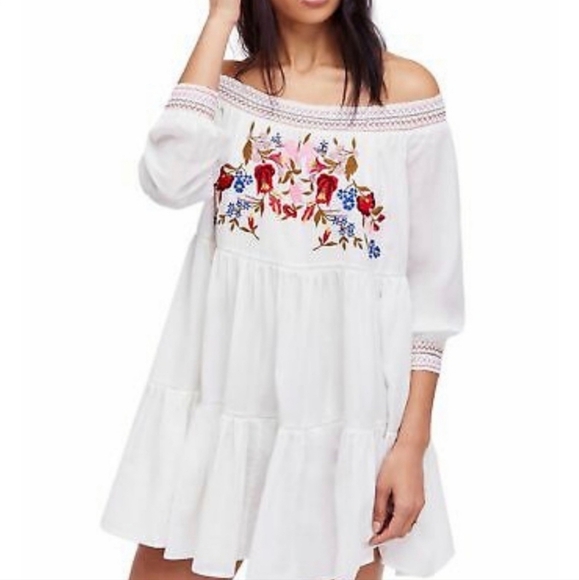 Free People Embroidered Off Shoulder White Floral Mini Dress Size xs - Picture 9 of 12